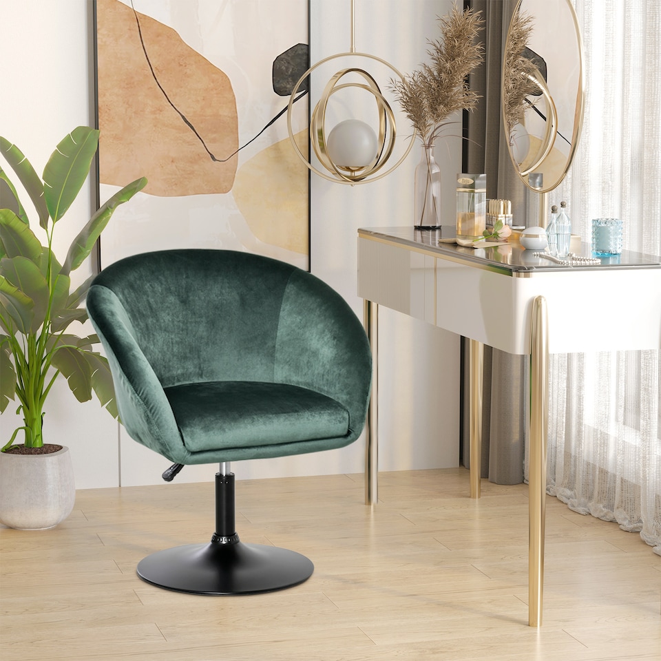 image 1 of HOMCOM Dressing Table Chair, 360 Swivel Velvet-feel Upholstered Vanity Chair with Tub Seat, Back, Adjustable Height for Bedroom Makeup, Green