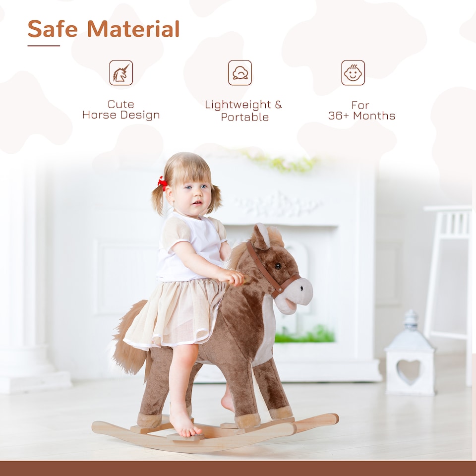 image 1 of HOMCOM Kids Children Plush Rocking Horse Wooden Base Ride On Toy Rocker with Handle Grip Traditional Toy Fun Gift for Age 3 Plus (Brown & White)