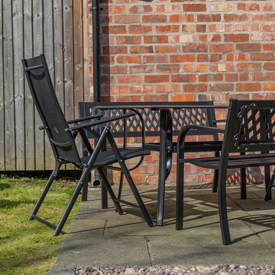 image 1 of Outdoor 6 Person Rectangular Glass Top Garden Dining Table Benches & Chairs Set