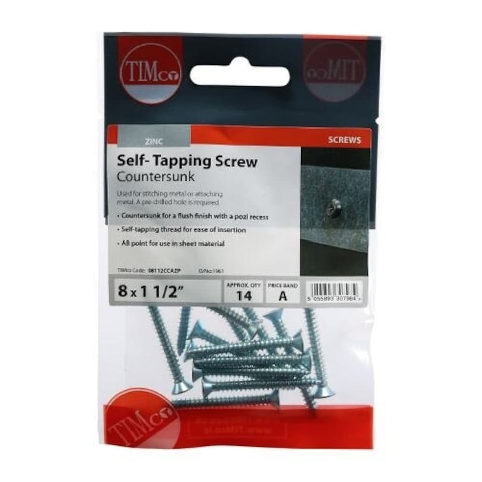 image 1 of Timco - Self-Tapping Screws - PZ - Countersunk - Zinc (Size 8 x 1 1/2 - 14 Pieces)