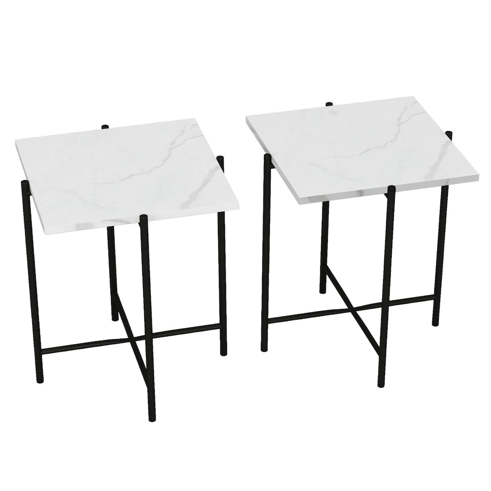 image 1 of Set of 2 Pcs Marble Effect Tops Square Round Side End Coffee Table Metal Frame | White | White Square | 1