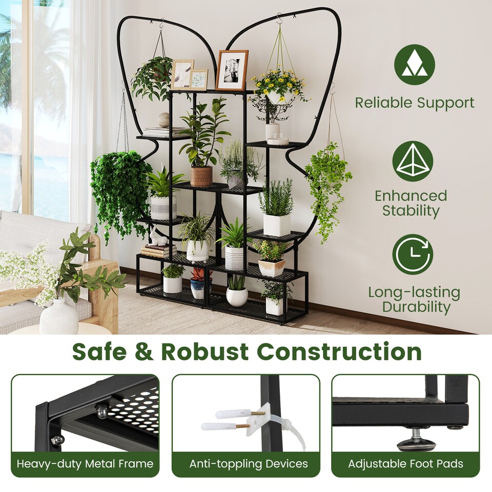 image 1 of COSTWAY 6-Tier Metal Plant Stand Butterfly-Shaped Flowerpot Shelf Black