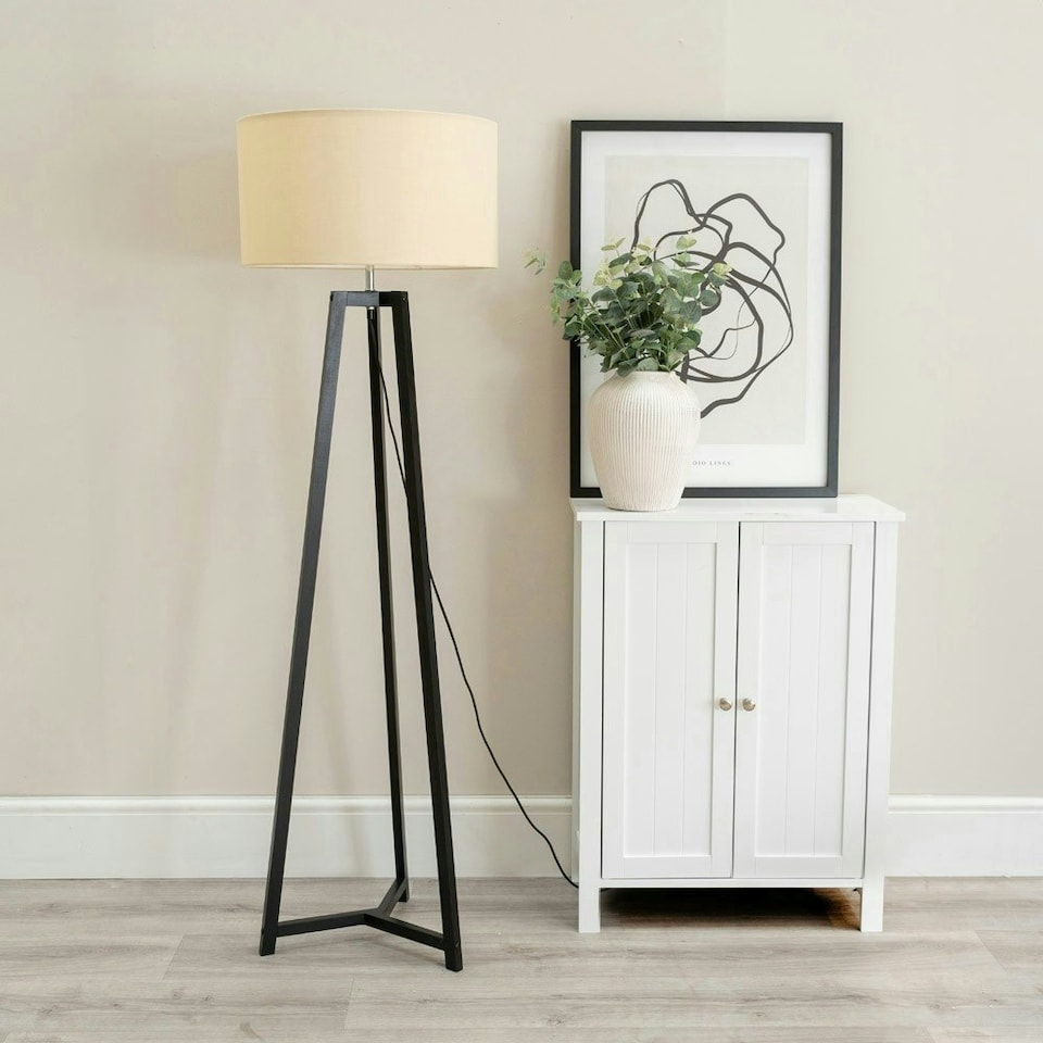 image 1 of ValueLights Lottie Black Wood Tripod Floor Lamp with Natural Fabric Drum Shade | Cream