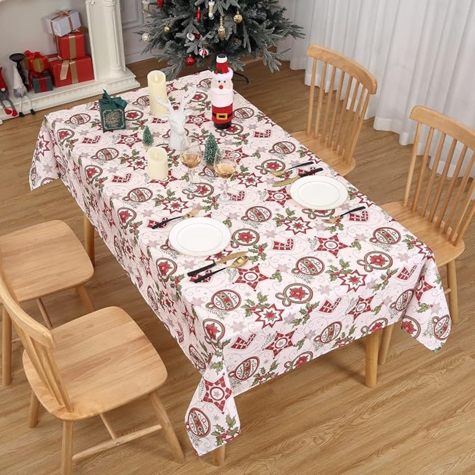 image 1 of London Boutique White Christmas Tablecloth, Waterproof Polyester Table Cover with Star Holly Ornament Print