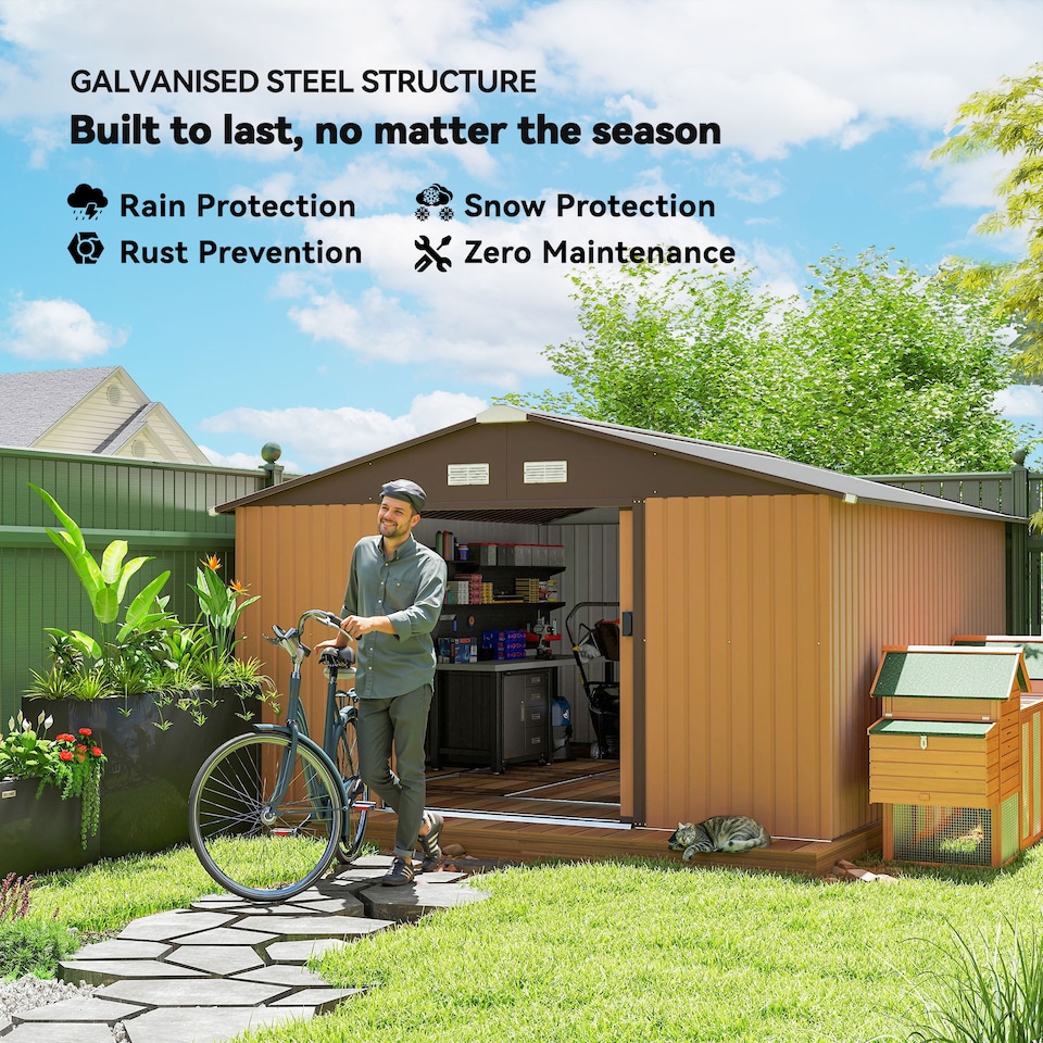 image 1 of Outsunny 13 x 11ft Metal Garden Shed, Outdoor Storage Tool House with Ventilation Slots, Foundation Kit and Lockable Double Doors, Light Brown