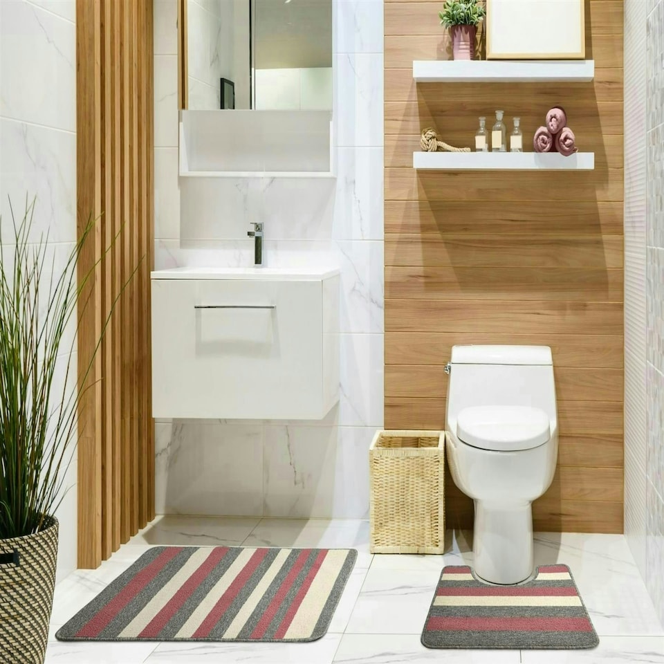 image 1 of Jersey 2 Pcs Non-Slip Bath Set Pink