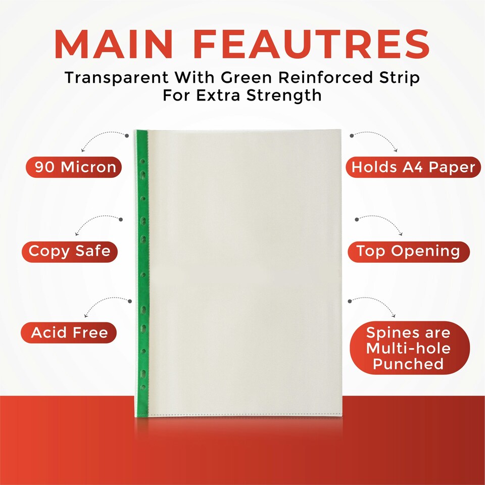 image 1 of Pack of 500 A4 Premium Glass Clear Punched Pockets (90 Micron)