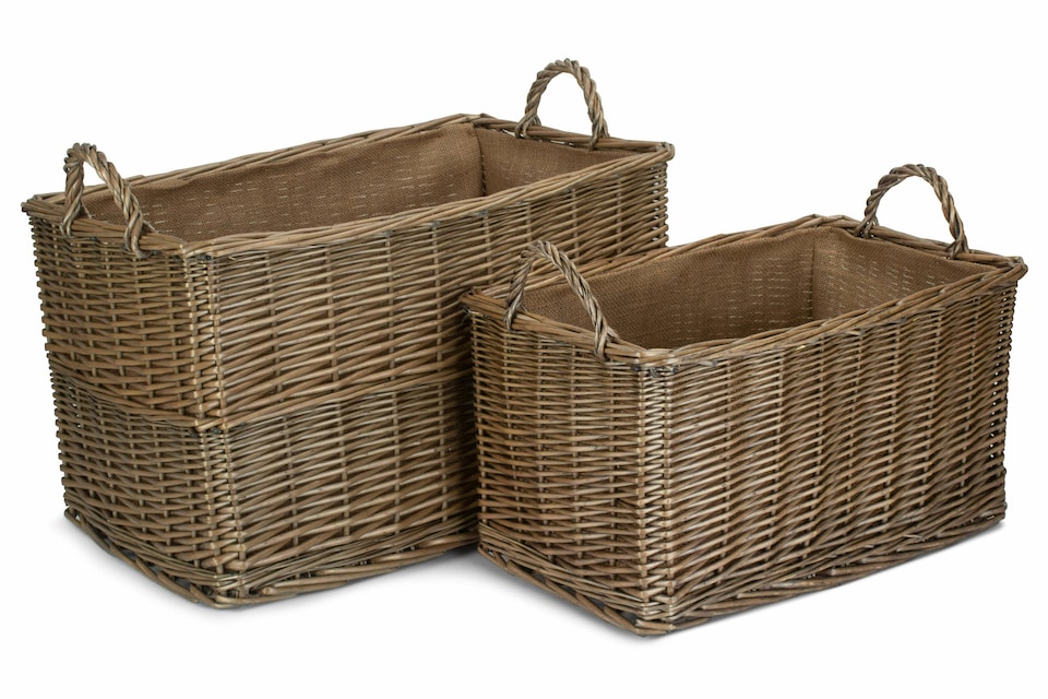 image 1 of Antique Wash Rectangular Hessian Lined Wicker Basket Set of 2
