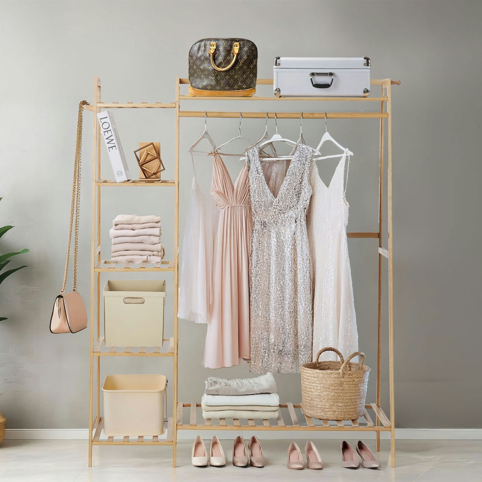 image 1 of Neo Bamboo Rack Clothes with Storage Shelf Hanging Rail and Side Hooks Brown