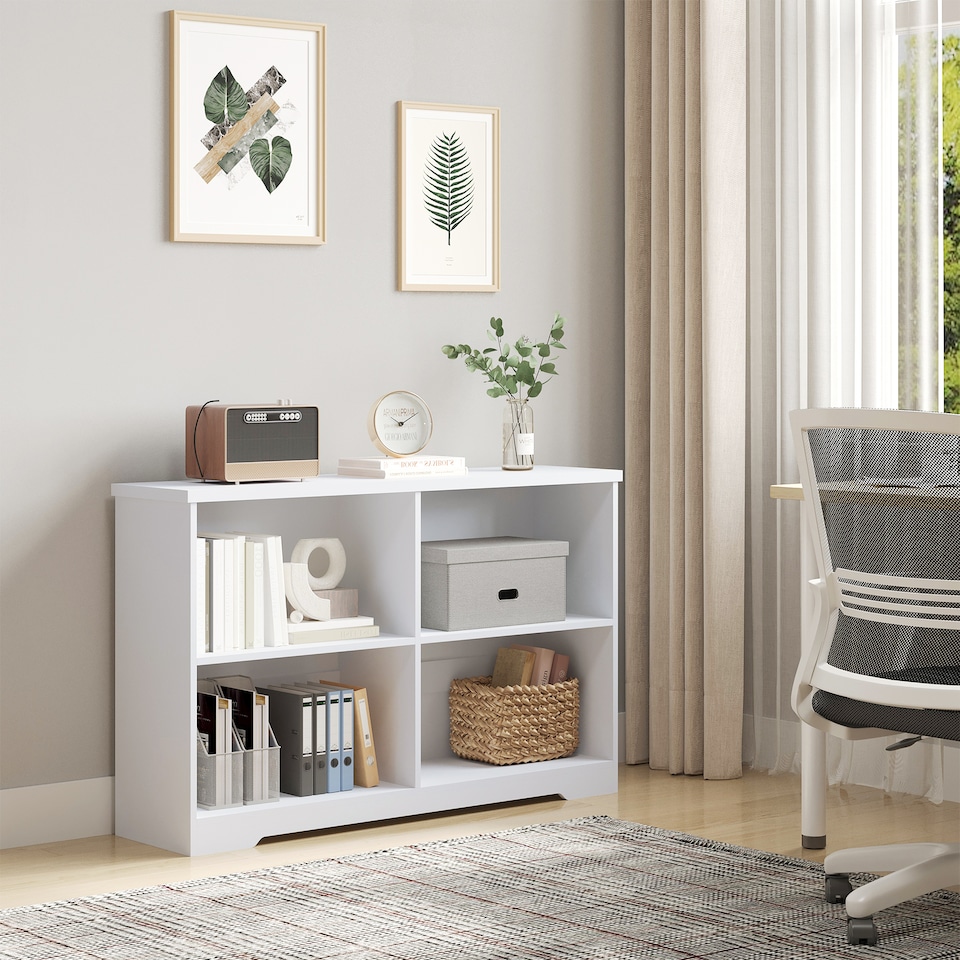 image 1 of HOMCOM Wooden Cube Bookcase, 2 Tier Open Storage Shelving Unit with 4 Compartments, Freestanding Display Bookshelf for Home Office Living Room Furniture, 118 x 29 x 76cm, White