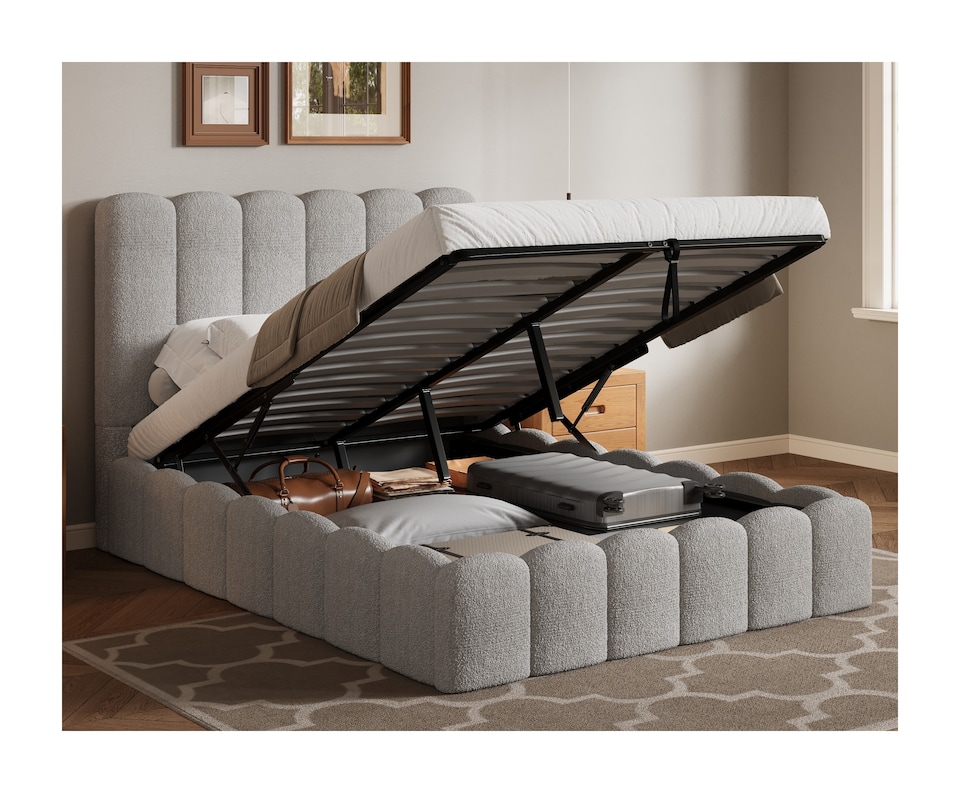 image 1 of Ezysleep Kingsley Boucle Soft Teddy Upholstered Gas Lift Ottoman Bed Frame | Grey | Silver