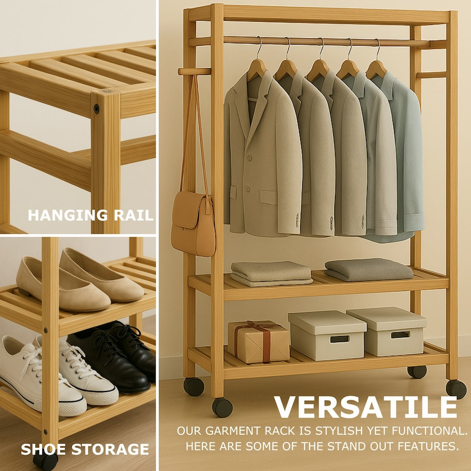 image 1 of Bamboo Clothes Rack | Portable Open Wardrobe with Shoe Storage Brown | One Size