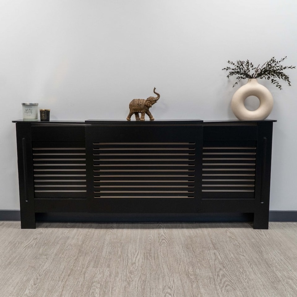 image 1 of JSH Radiator Cover Black Horizontal Slat Wood MDF - Adjustable - 140-204cm (W) x 81.5cm (H) x 19cm (D) | Black