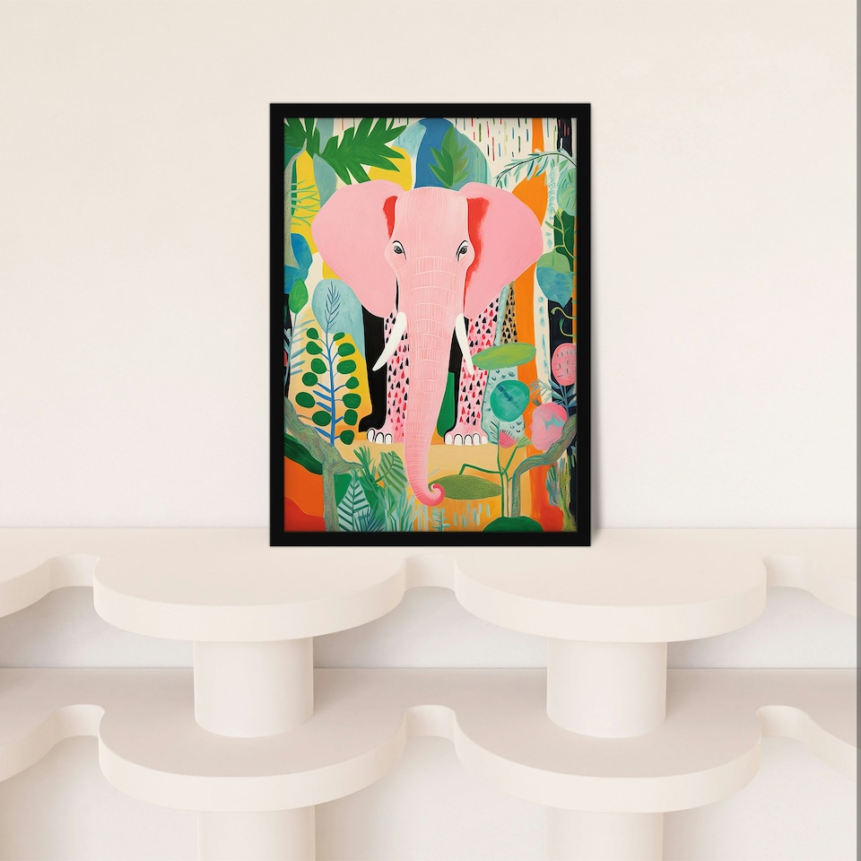 image 1 of Pink Jungle Animal Fun Multicoloured Elephant Black Framed Wall Art Print A4