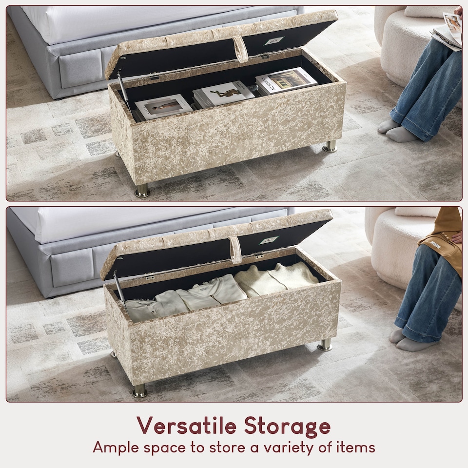 image 1 of Vida Designs Valencia Storage Ottoman Bedroom Hallway Chest Bench, Crushed Velvet Champagne | Yellow | Champagne