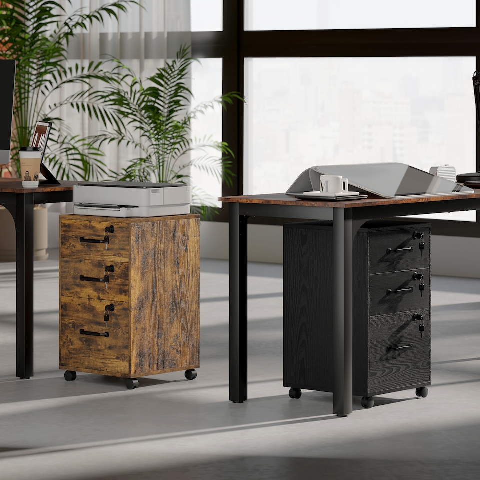 image 1 of HOMCOM Mobile Filing Cabinet with 3 Drawers and Wheels, Lockable Rolling Under Desk Drawers for A4 and Letter Sized Hanging File Holders, Printer Stand for Home Office, Rustic Brown | Brown | Rustic Brown