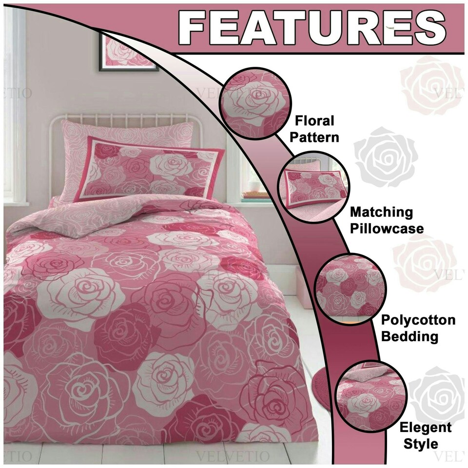 image 1 of VELVETIO Kids Roses Duvet Cover Set Soft Reversible Beddings Pink | Single