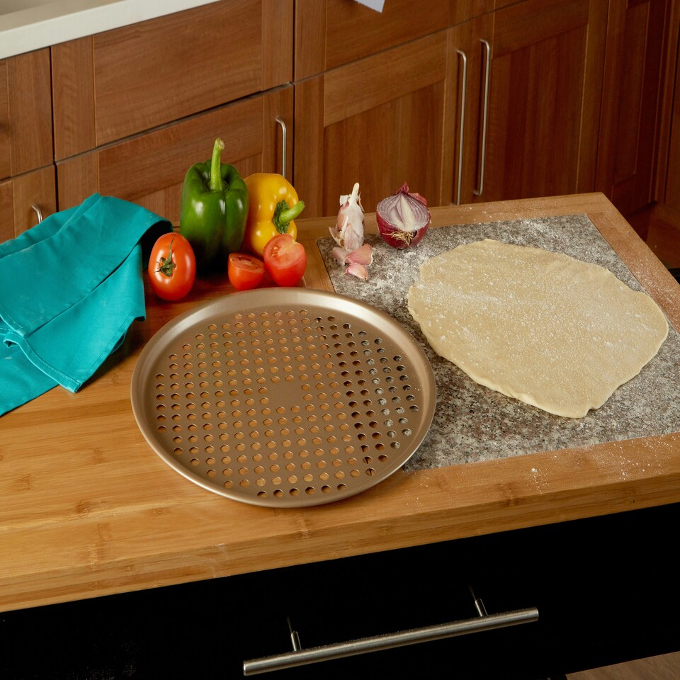 image 1 of Interiors by Premier Functional Design Round Pizza Crisper, Non-Stick Carbon Steel Tray With Air Vents For Crispy Crust, Durable Multi