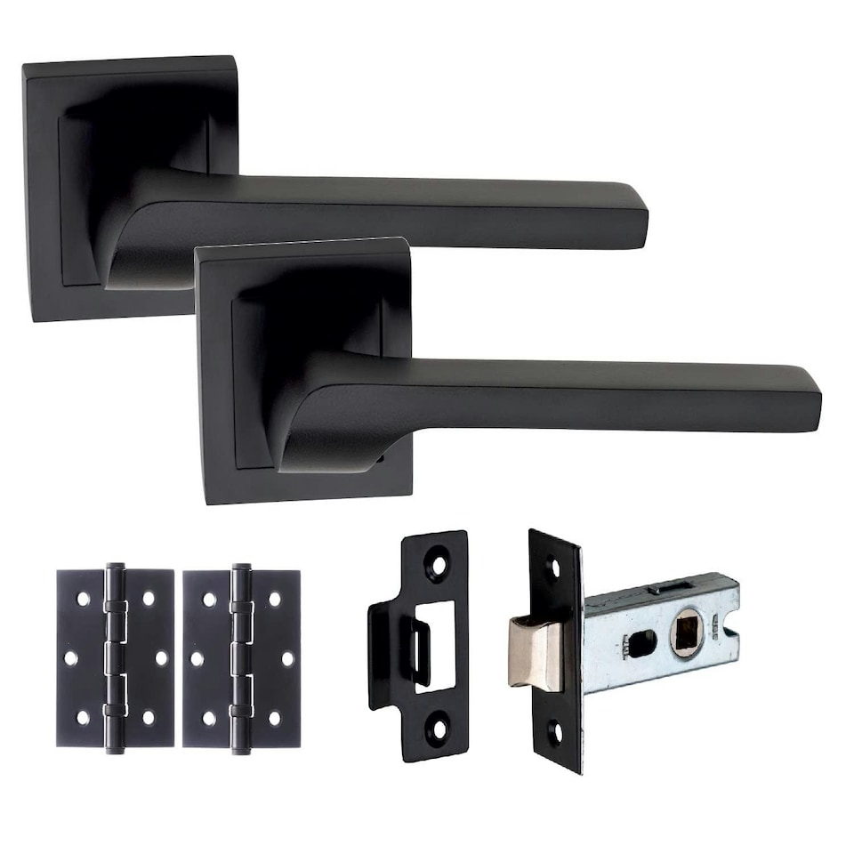 image 1 of Golden Grace 1 Set Sigma Design Door Handles on Square Rose in Matt Black Finish with 64mm Latches and Pair of 3" Ball Bearing Hinges | Black | 1 Set