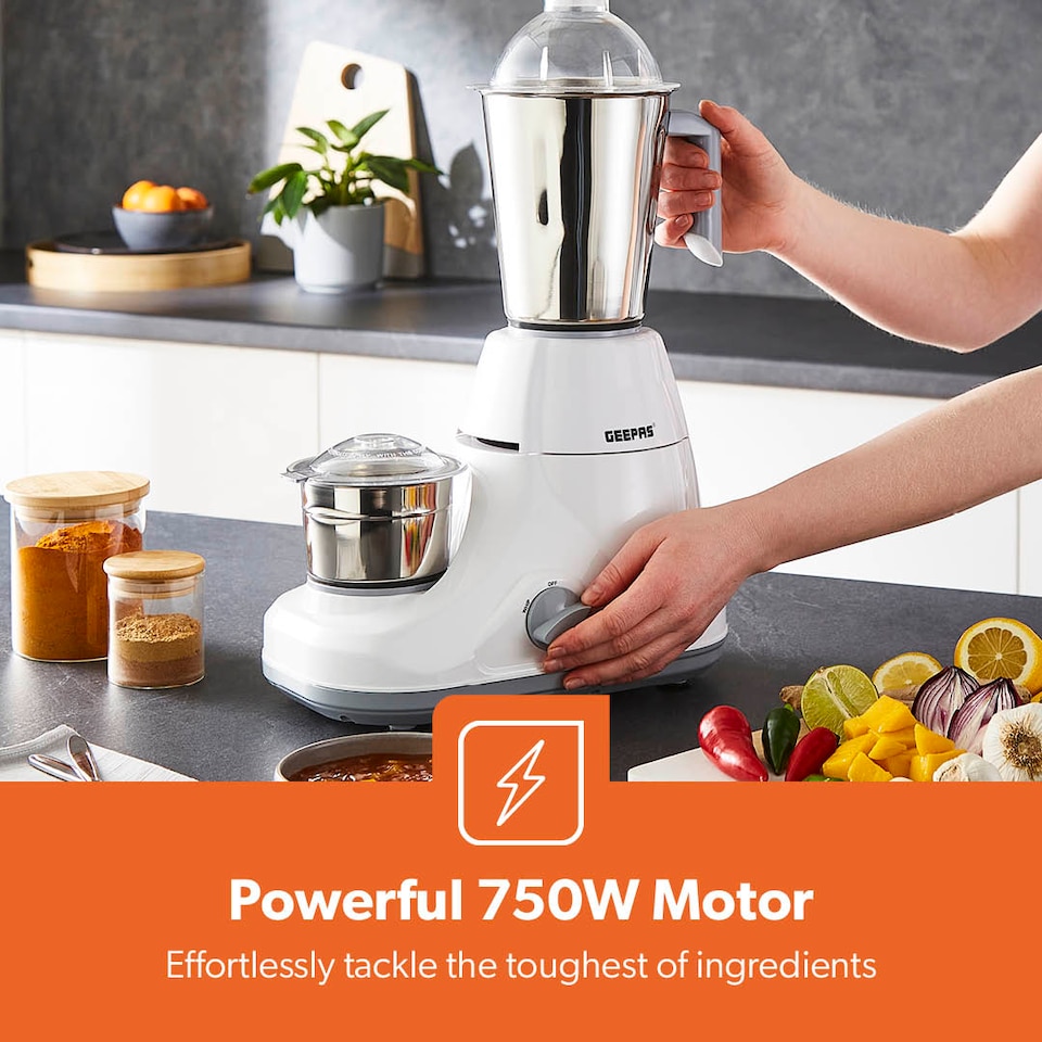 image 1 of GEEPAS 3 In 1 Mixer Grinder With 3 Stainless Steel Jars 750W White