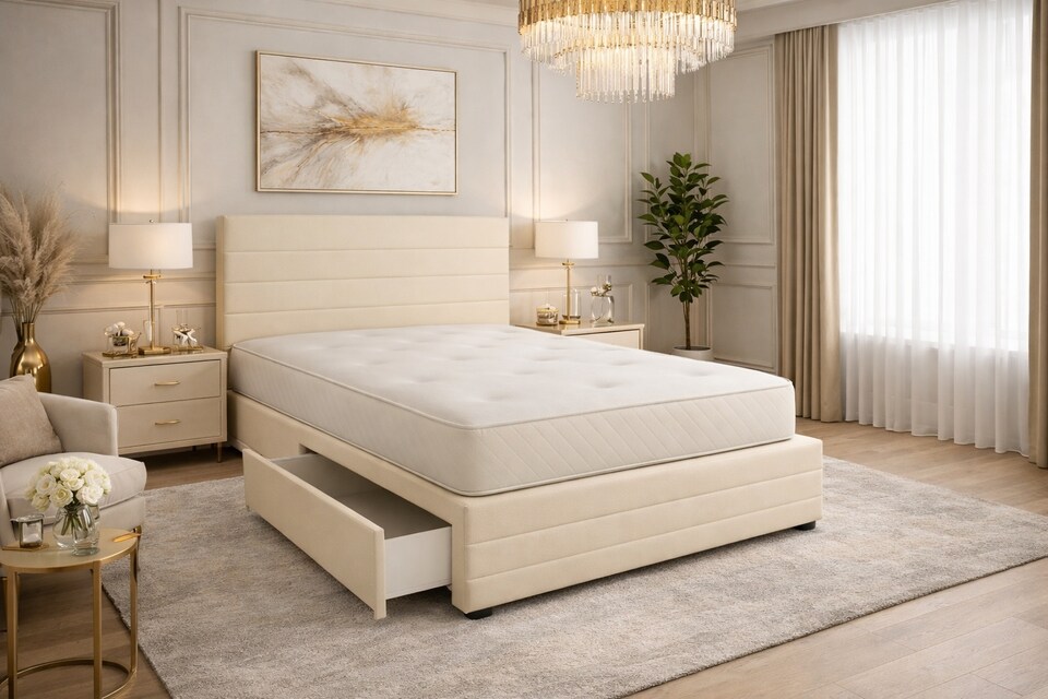 image 1 of Divan Bed Set Headboard and Footboard with Mattress 3ft Single Cream Suede Storage No Drawers