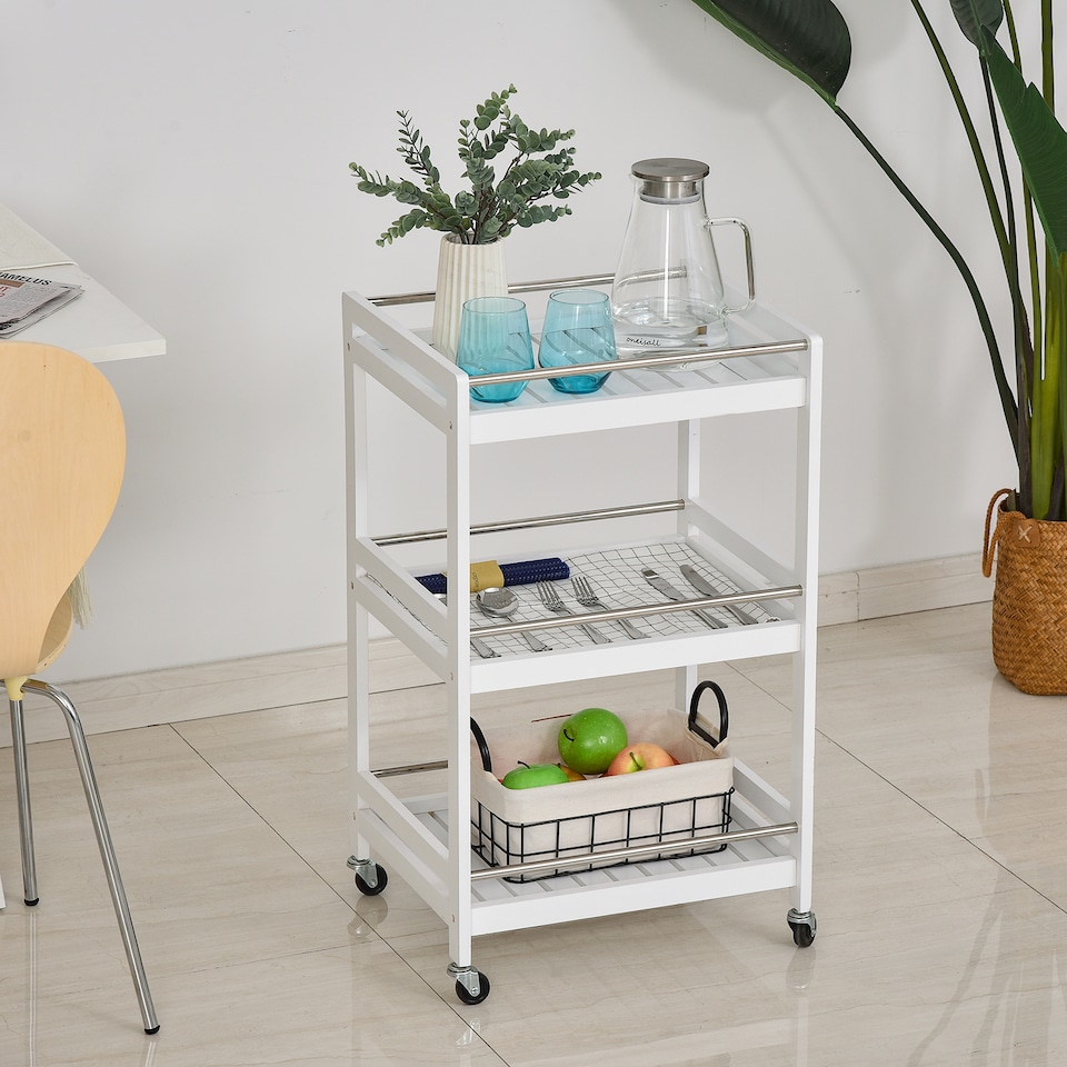image 1 of HOMCOM 3-Tier Home Trolley Kitchen Storage Cart w Steel Bars 4 Universal Wheels Rolling Unit Organiser Living Room White