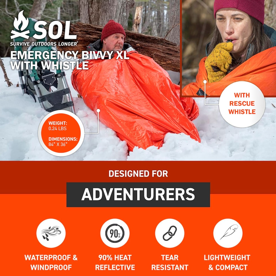 image 1 of Emergency Bivvy XL - Lightweight Heat Reflective Shelter with Whistle | Orange | Orange | One Size | 1