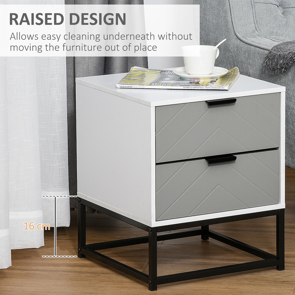 image 1 of HOMCOM Bedside Cabinet with 2 Drawer Storage Unit, Unique Shape Bedroom Table Nightstand with Metal Base, for Living Room, Study Room, Dorm