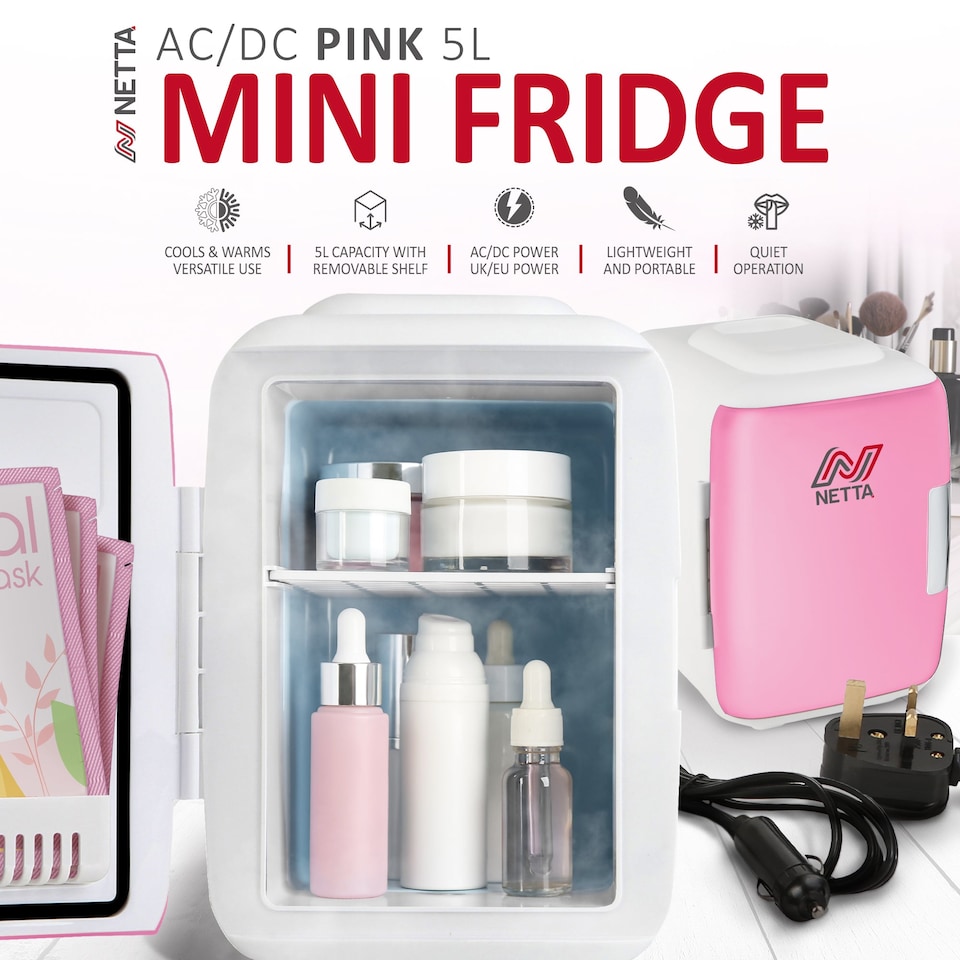 image 1 of NETTA 5L Mini Fridge - Grey & White, 12V Car Socket and UK Mains Plug