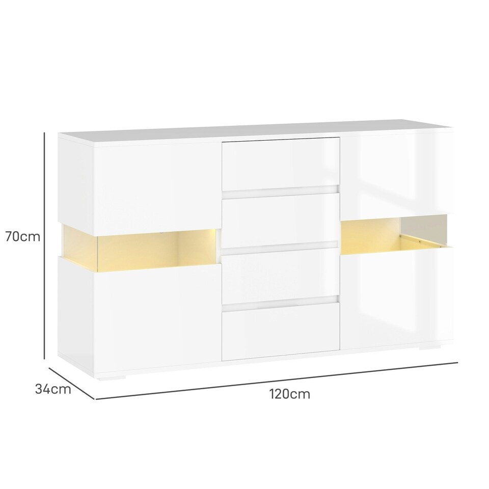 image 1 of HOMCOM LED Sideboard, High Gloss Storage Cabinet with 4 Drawers, White White