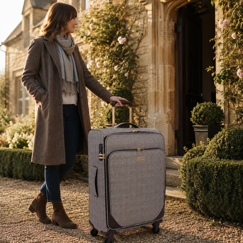 image 1 of London Fog Camberley Large Soft Shell Suitcase, 4 Wheel Checked Luggage, Brown