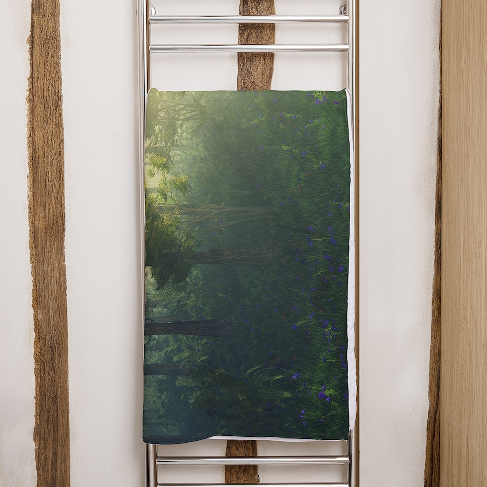 image 1 of sun, trees in a haze of light, glowing fog among the trees Designer Bath Towel | Multi