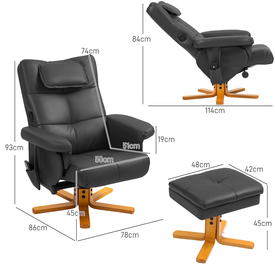 image 1 of HOMCOM Massage Recliner Chair with Footstool, Upholstered Armchair with Adjustable Backrest, Remote Control, Hidden Storage and USB Ports for Living Room, Bedroom, Black
