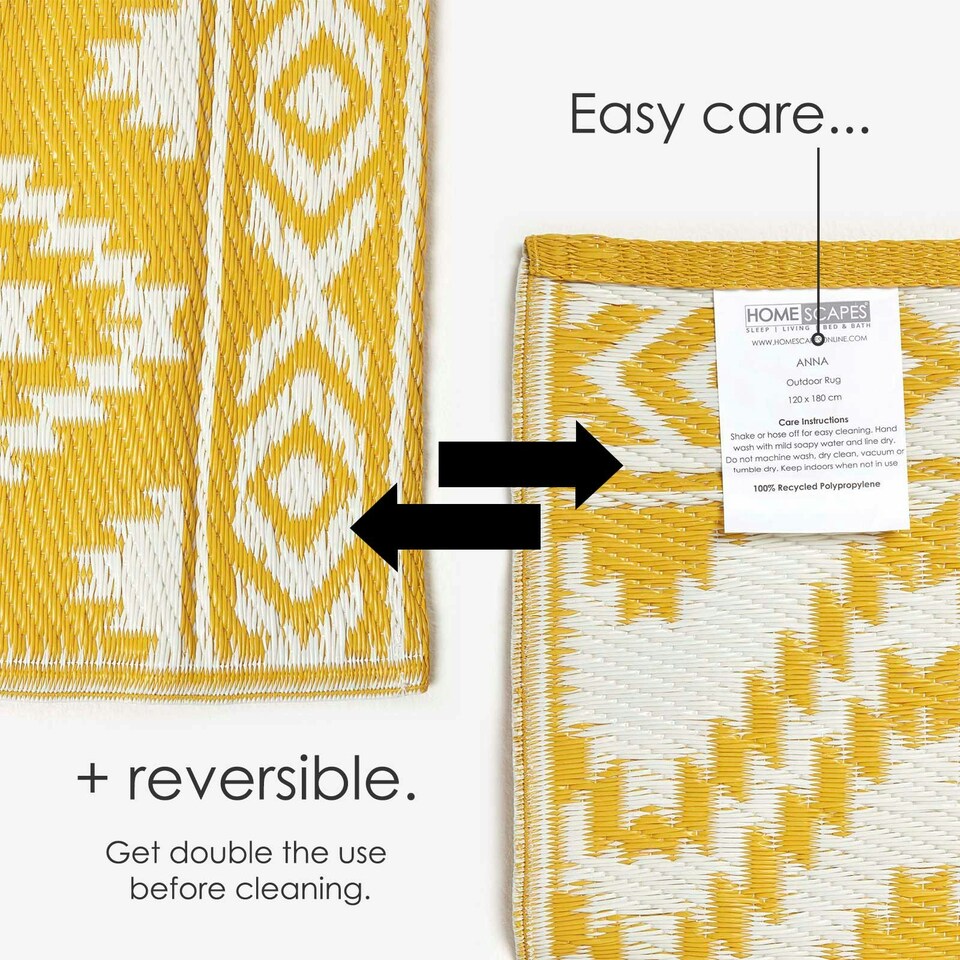 image 1 of Homescapes Outdoor Rug Luxury Waterproof Reversible Recycled, For Garden, Anna Aztec Yellow | 180 x 270 cm