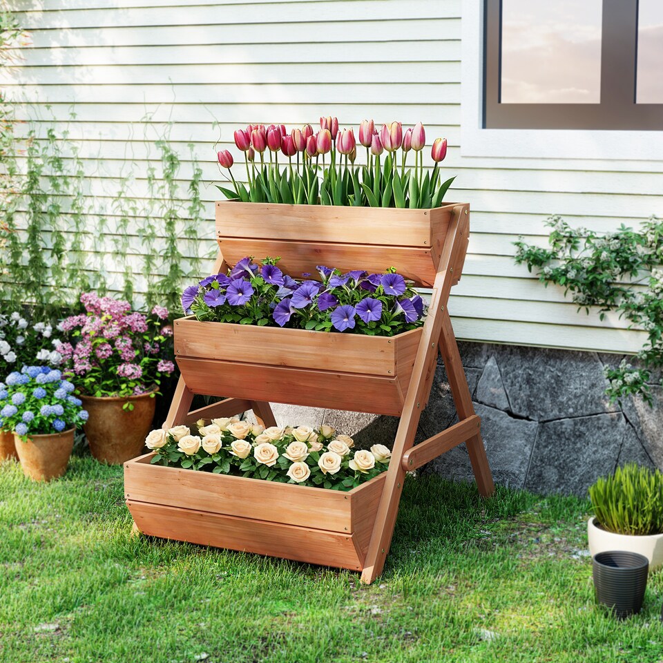 image 1 of Outsunny 3 Tier Raised Garden Bed Wooden Elevated Planter Box Kit, Brown