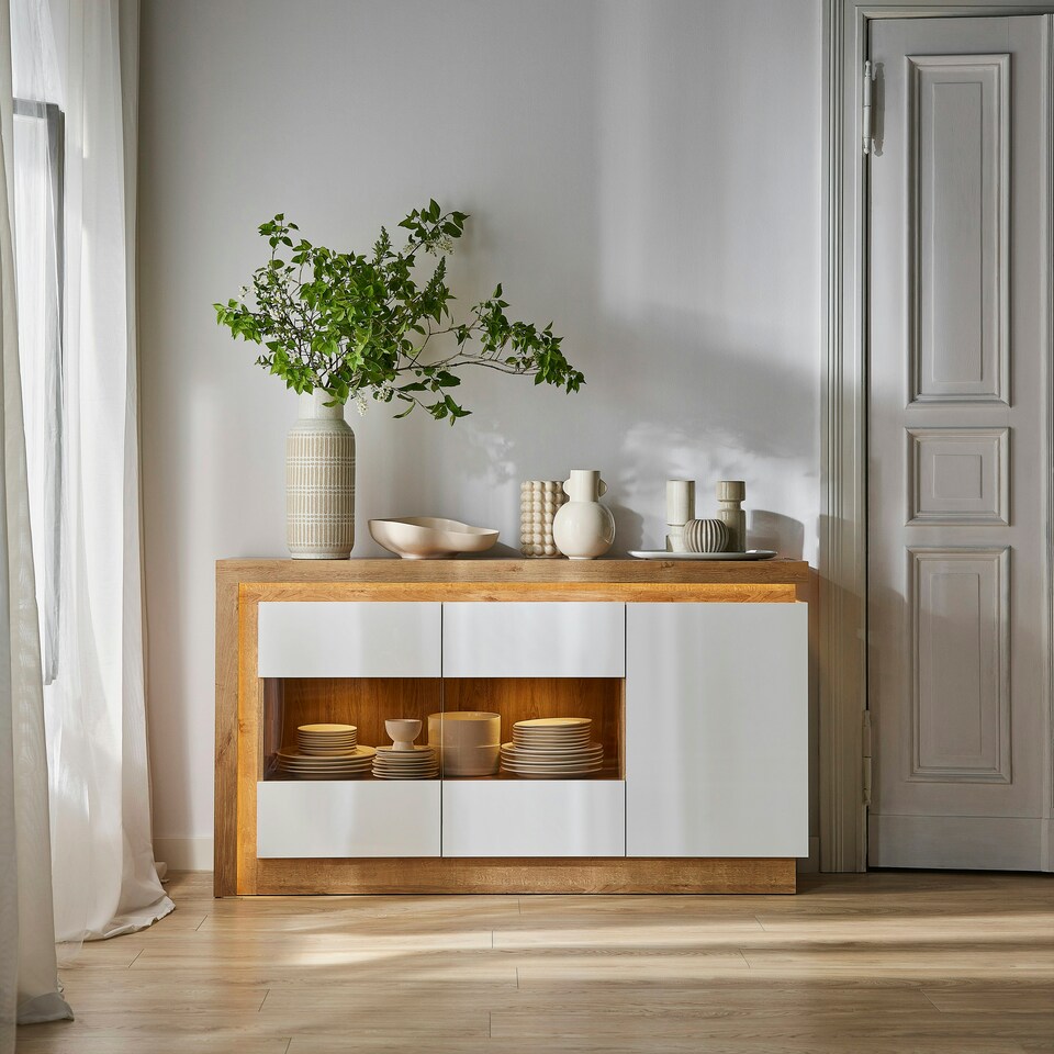 image 1 of Lyon 3 Door Glazed Sideboard in Riviera Oak/White High Gloss