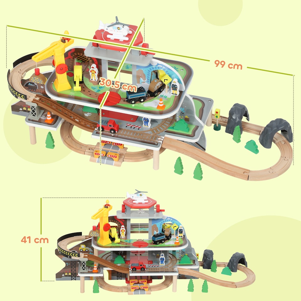 image 1 of AIYAPLAY Wooden Train Set, 79 Piece Train Track Mine Themed, Magnetic Railway Toys with Crane, Helicopter, Wooden Railway Set Birthday Gift for Kids, Boys and Girls Ages 3+ Years Old
