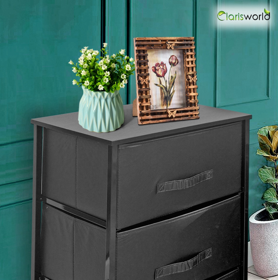 image 1 of Clarisworld 3 Drawer Storage Tower Dresser with Wood Top, Sturdy Steel Frame & Laminated Fabric Drawers, Storage Organiser Unit for Bedroom, Hallway, Entryway, Closet & Office