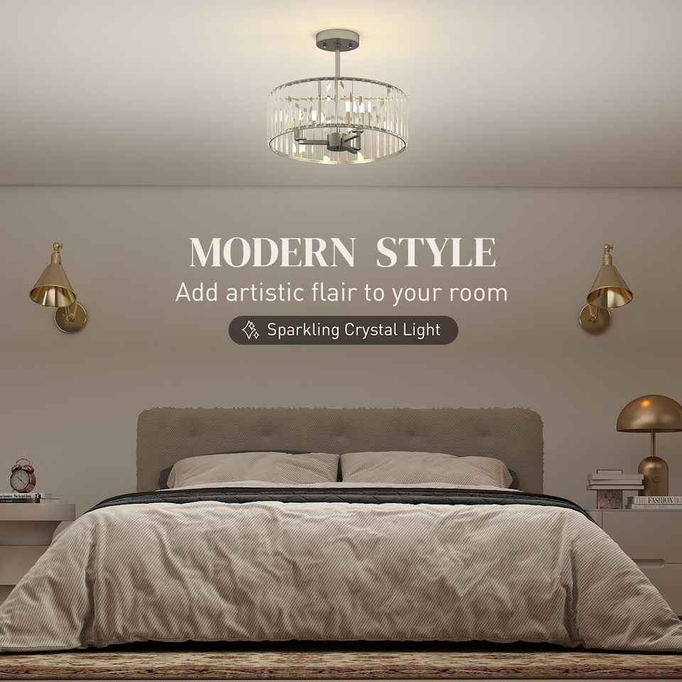 image 1 of HOMCOM Crystal Ceiling Light Fixture, Semi Flush Mount Modern Crystal Chandelier Ceiling Light for Living Room, Bedroom, Hallway, Dining Room, E14 Base 3Lights, Bulbs Not Included, Silver Tone | Silver | 1