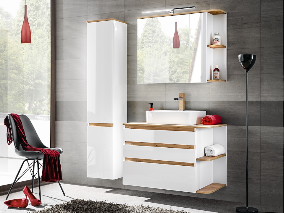 image 1 of Plat Bathroom Vanity Unit, Oak Countertop - White Gloss W940xH635mm