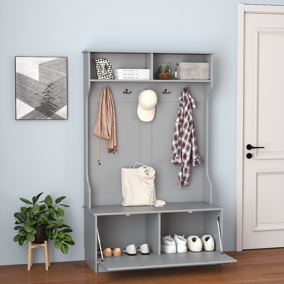 image 1 of COSTWAY 3 in 1 Freestanding Hall Coat Rack Stand Shoe Bench Grey