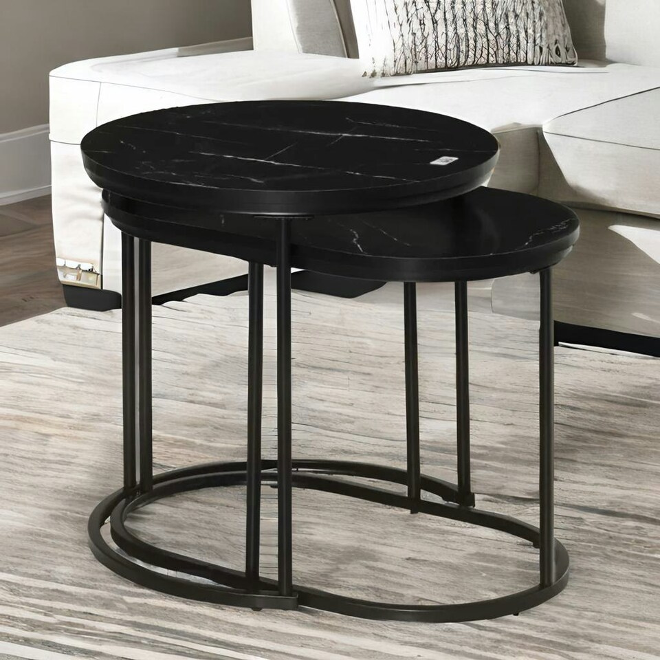 image 1 of 2PC Nesting Tables With Faux Marble Tabletop Black Black
