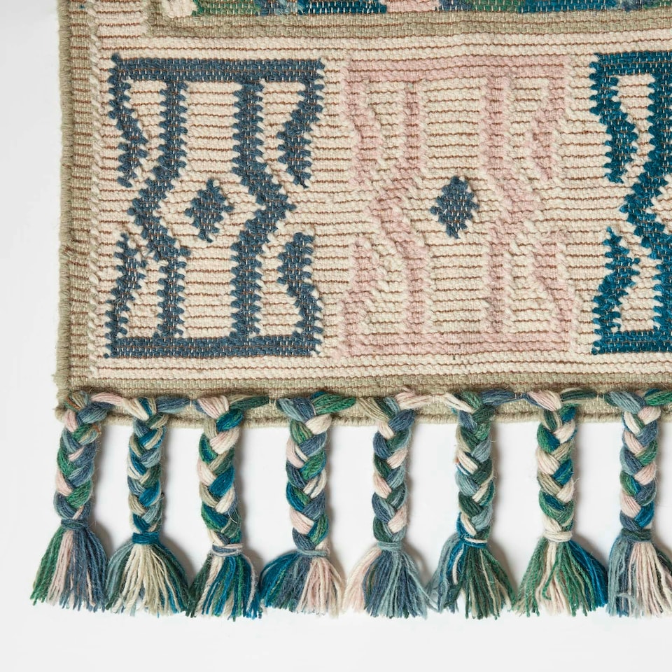 image 1 of Homescapes Matala Green and Blue Kilim Runner Wool Rug - 66 x 200 cm