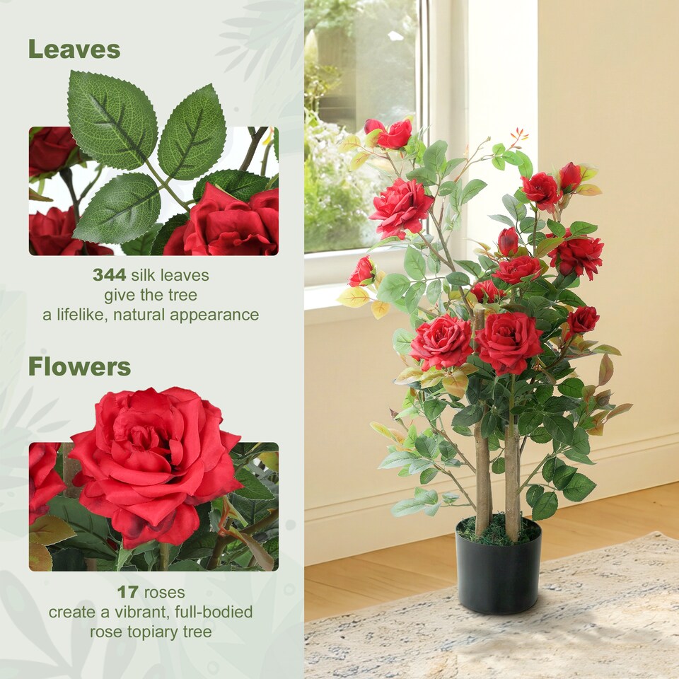 image 1 of HOMCOM Artificial Rose Tree Set of 2 with 344 Silk Leaves & 17 Flowers | Black | Red | One Size