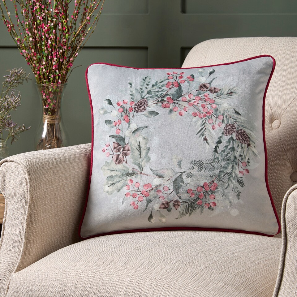 image 1 of D & D Winter Sprigs Filled Cushion Green