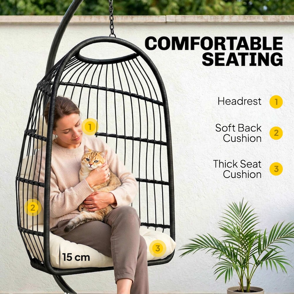 image 1 of Outsunny Hanging Egg Chair, Outdoor Swing Chair with Stand, Black/Cream | Black | Black/Cream White | One Size