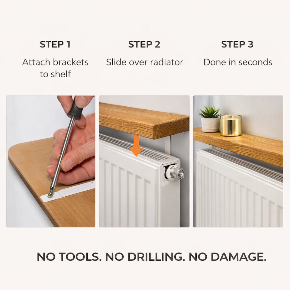 image 1 of MKGT Solid Wood Radiator Shelf with No-Drill Brackets, Handmade in UK, Dark Oak – 140cm