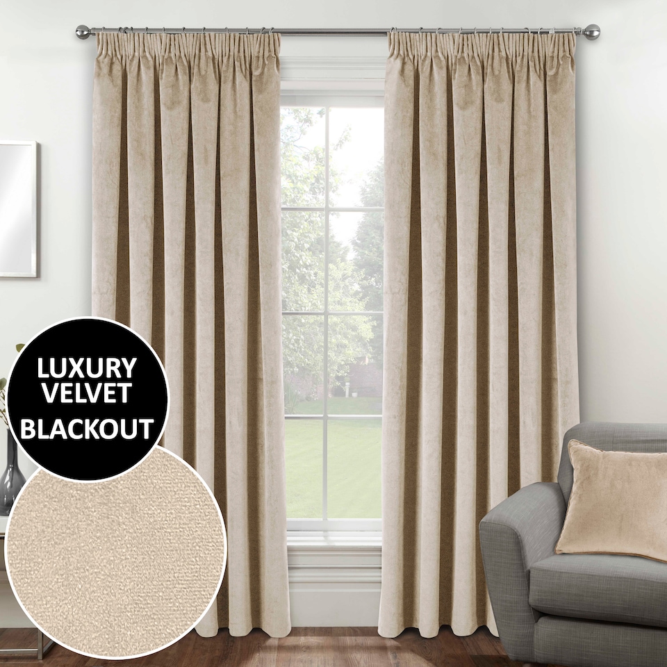 image 1 of Luxury Enhanced Living Cream Velvet, Supersoft, 100% Blackout, Thermal Curtains with Tape Top (PAIR) - 66 x 72 inch (168x183cm)