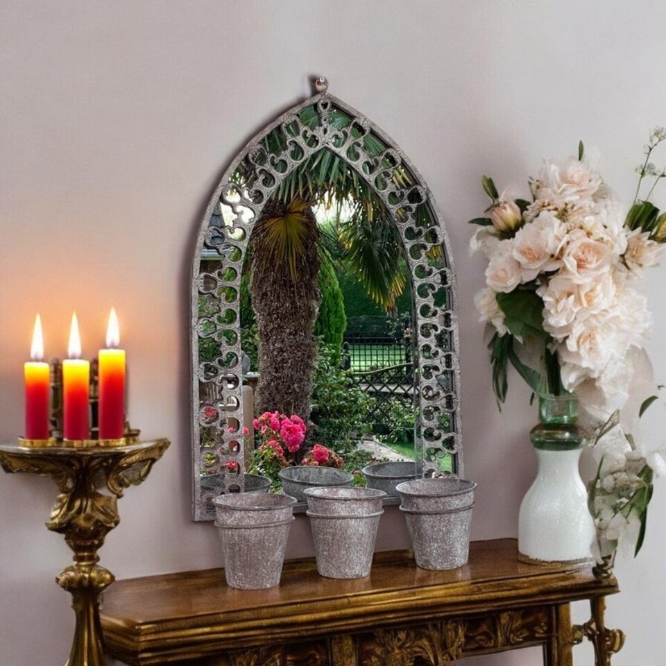 image 1 of Rusty Wall Mirror with Single Planter for Garden Décor - Distressed Metal - L15 x W20 x H65 cm Grey