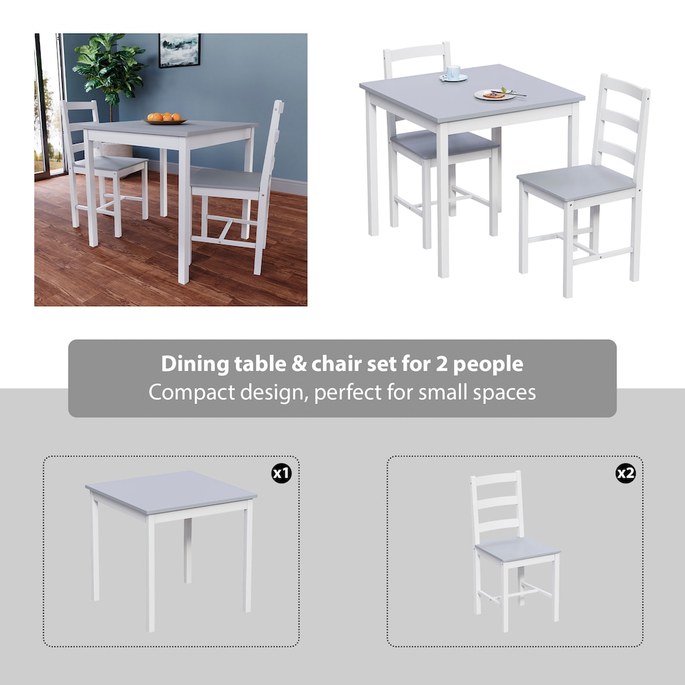image 1 of Vida Designs Yorkshire 2 Seater Dining Set 3 Piece Table & Chairs, White & Grey